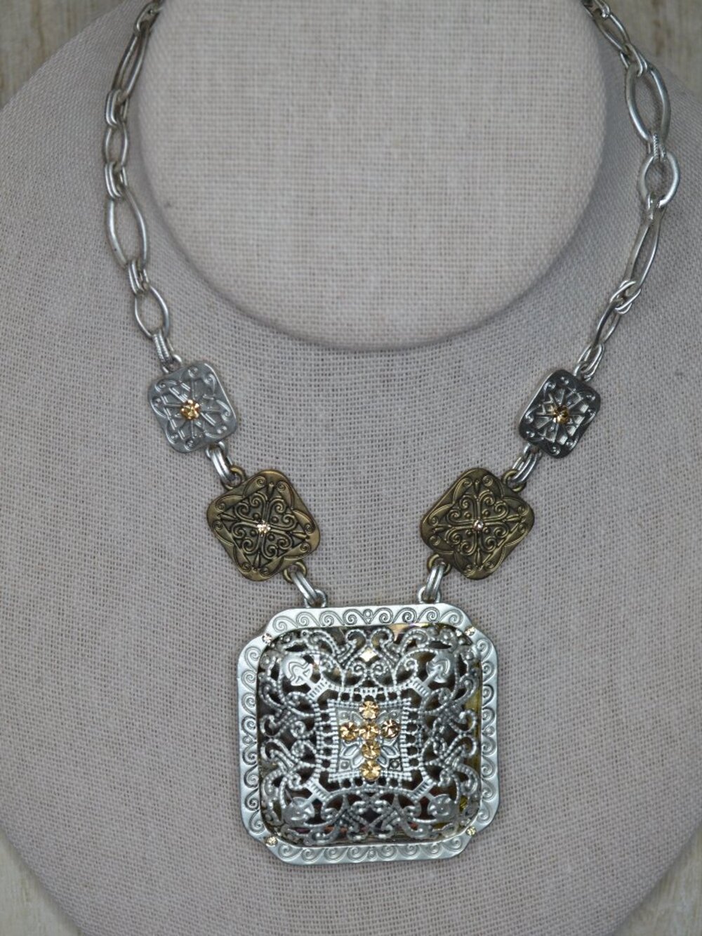 Matte Silver & Gold Tone Filigree Square Pendant Necklace